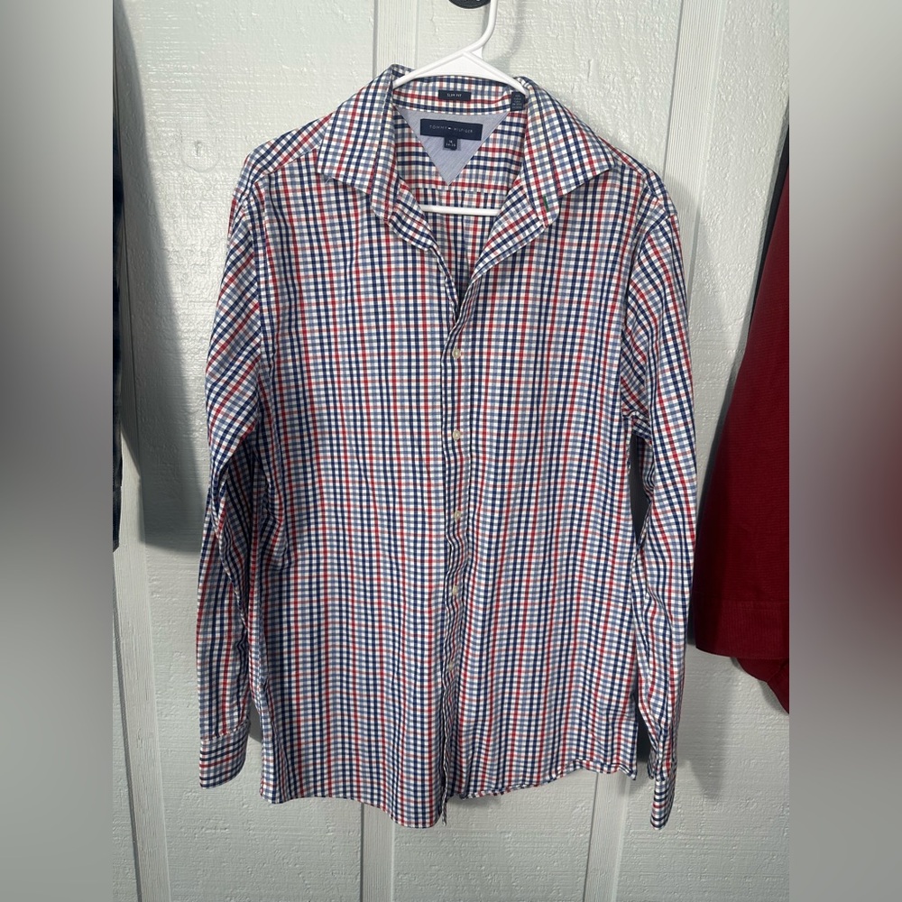 Tommy Hilfiger Boys Plaid Slim Fit Long Sleeve Size 16 34/35 EUC